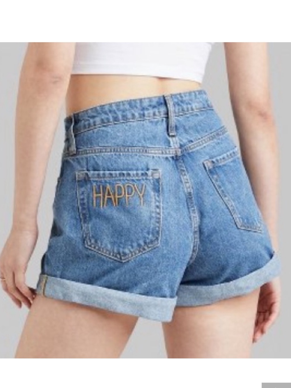 wild fable Blue Jean Denim 'HAPPY' Embroidered Highest Rise Mom Shorts